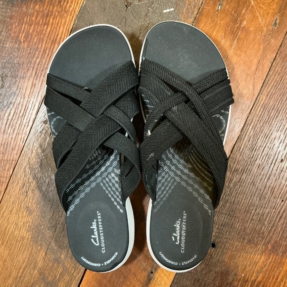 Clarks Cloudsteppers Mira Isle Black and White Comfort Slide Sandals Size 10 - Picture 2 of 8